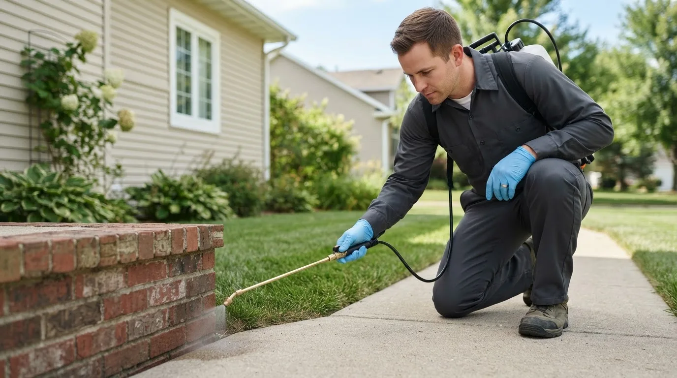 Pest control technician treating a home near Hillsboro, IN